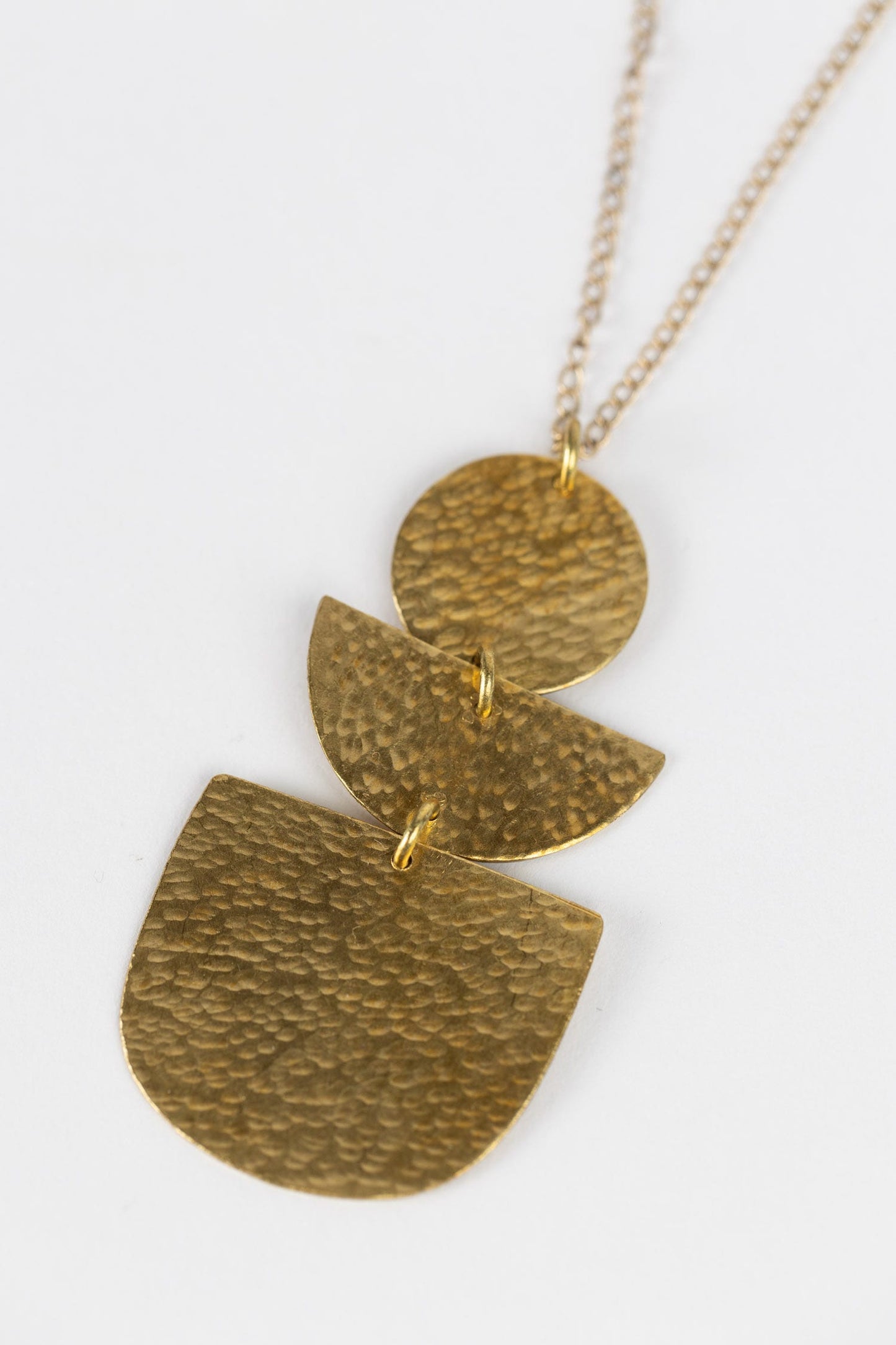 Necklace 3 stacked hammered shapes brass 24L brass