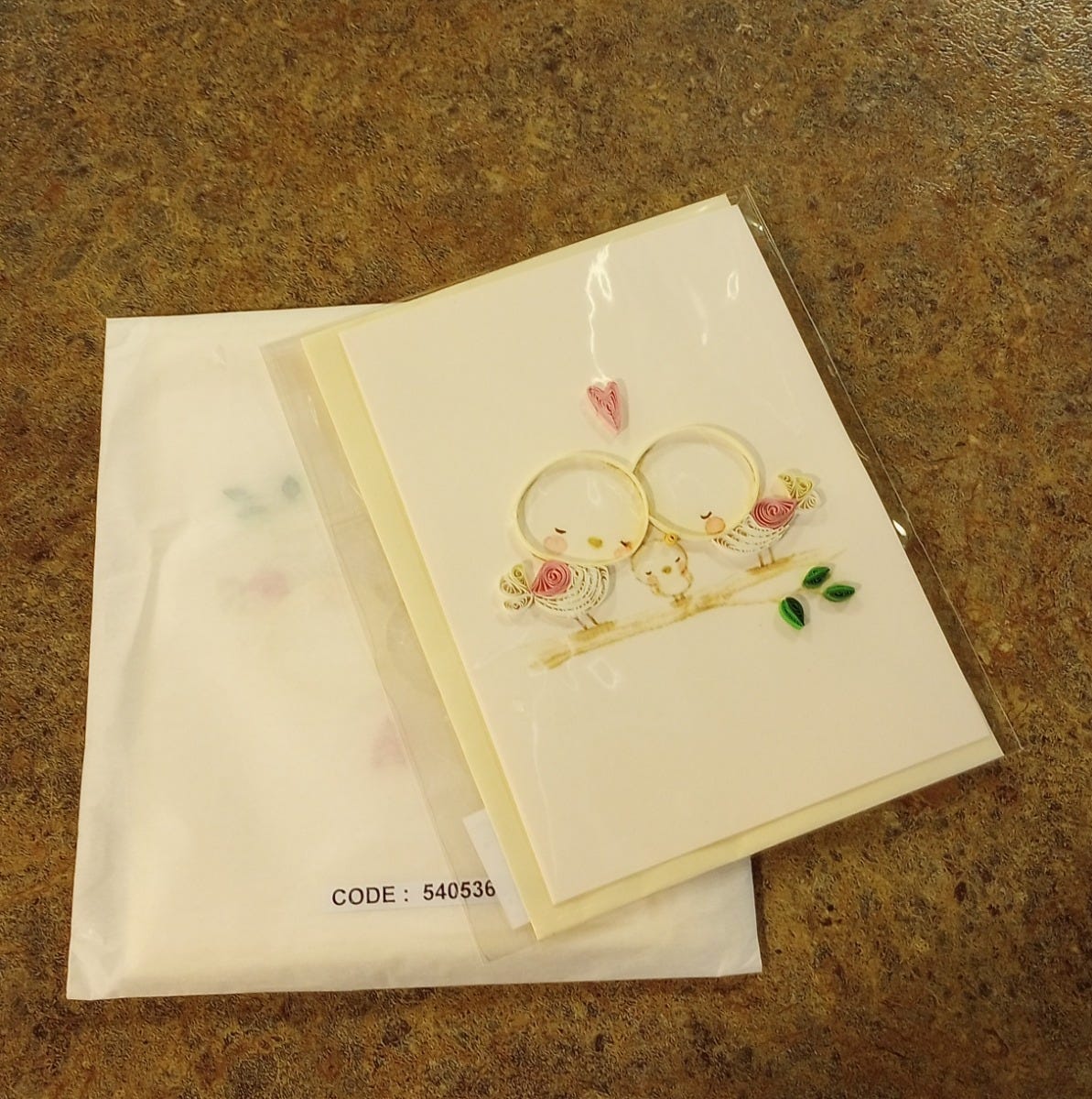 Card quilled bird family M/3 5x7 crm/pink/grn