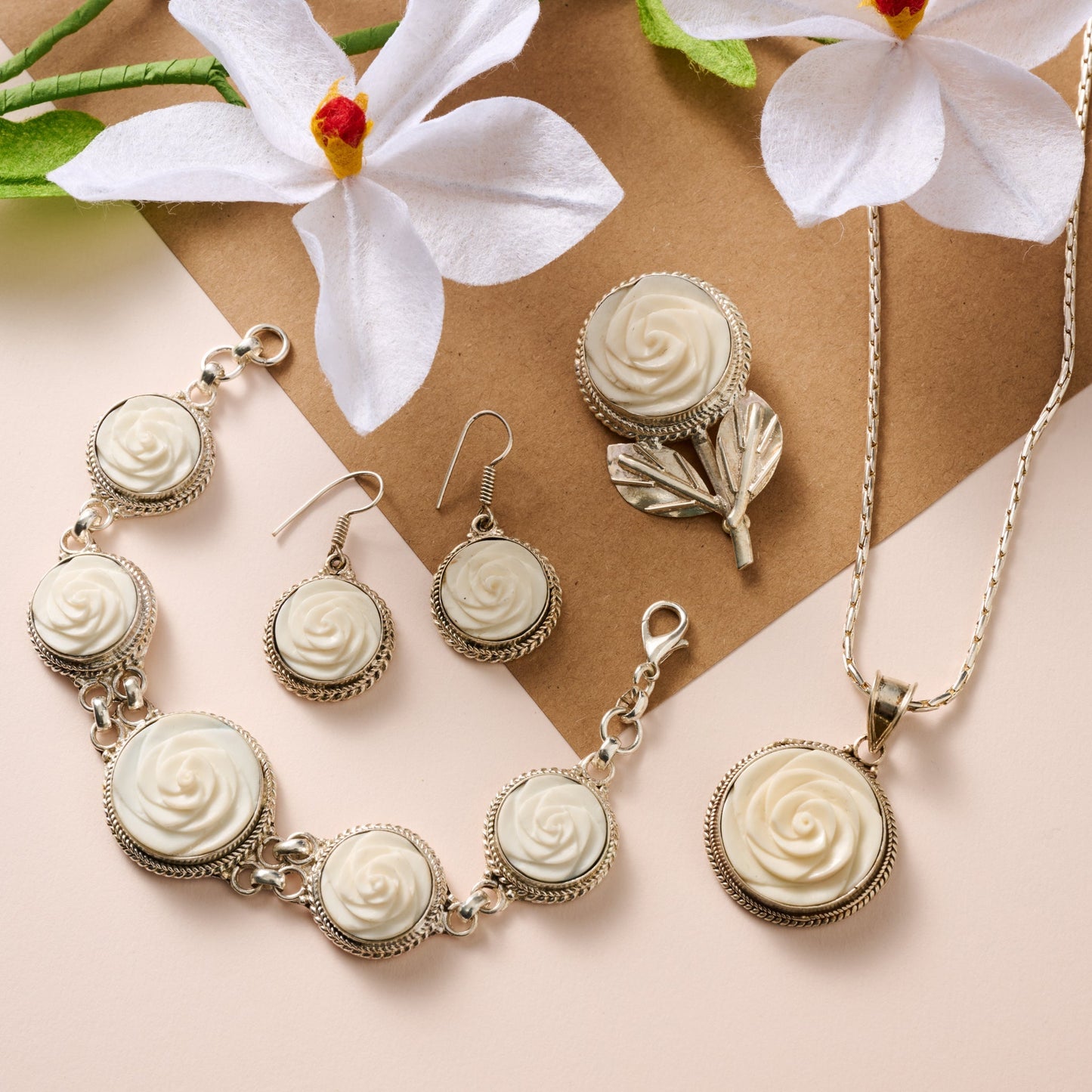 Bagaica Rose Carved Bone Earrings