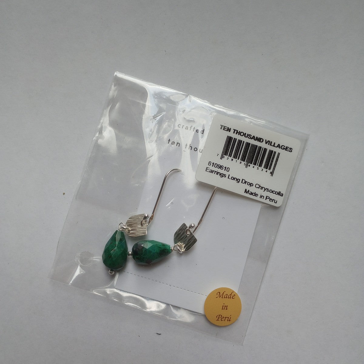 Earrings long drop chrysocolla/strlg 2.5L silv/grn