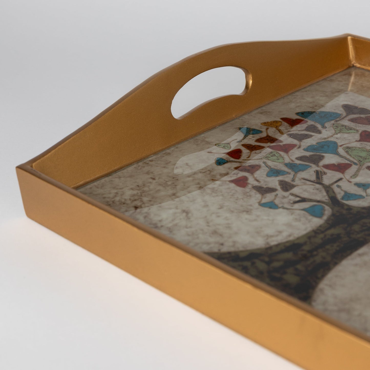 Tray tree reverse painted glass 12.5sq gld/multi