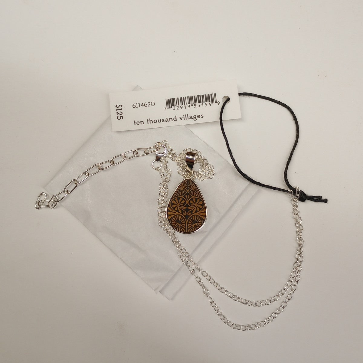 Necklace teardrop carved gourd/strlg 16L silv/brn