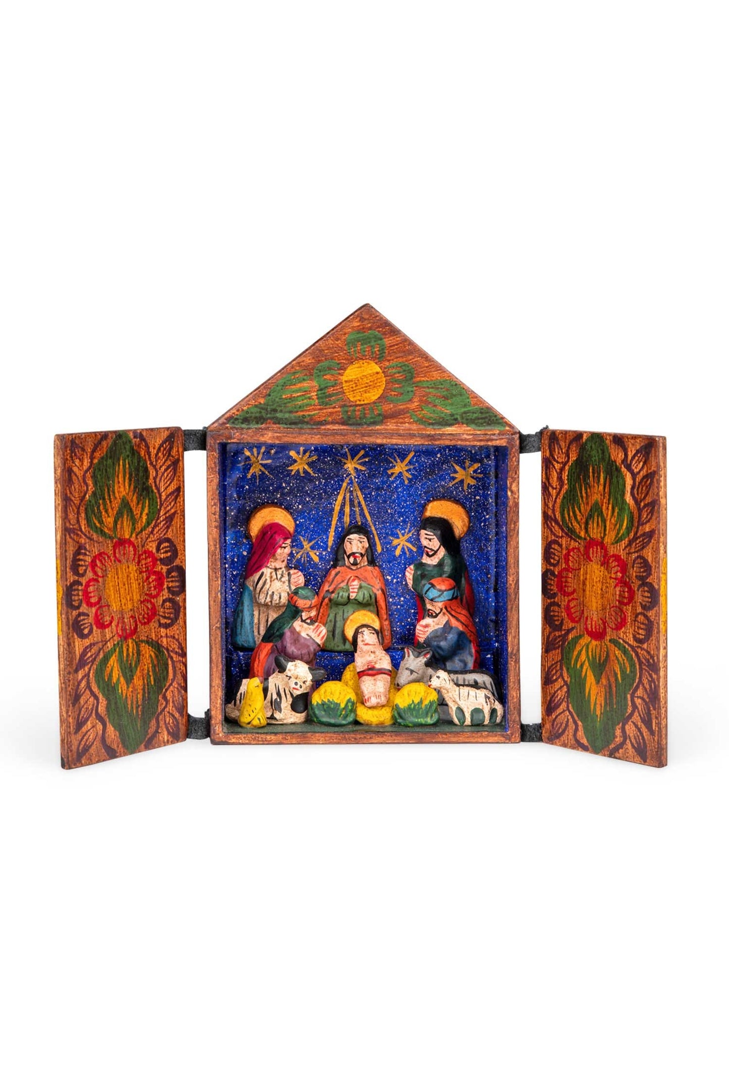 Nativity retablo flower/doors wood/plaster 6Hx4W