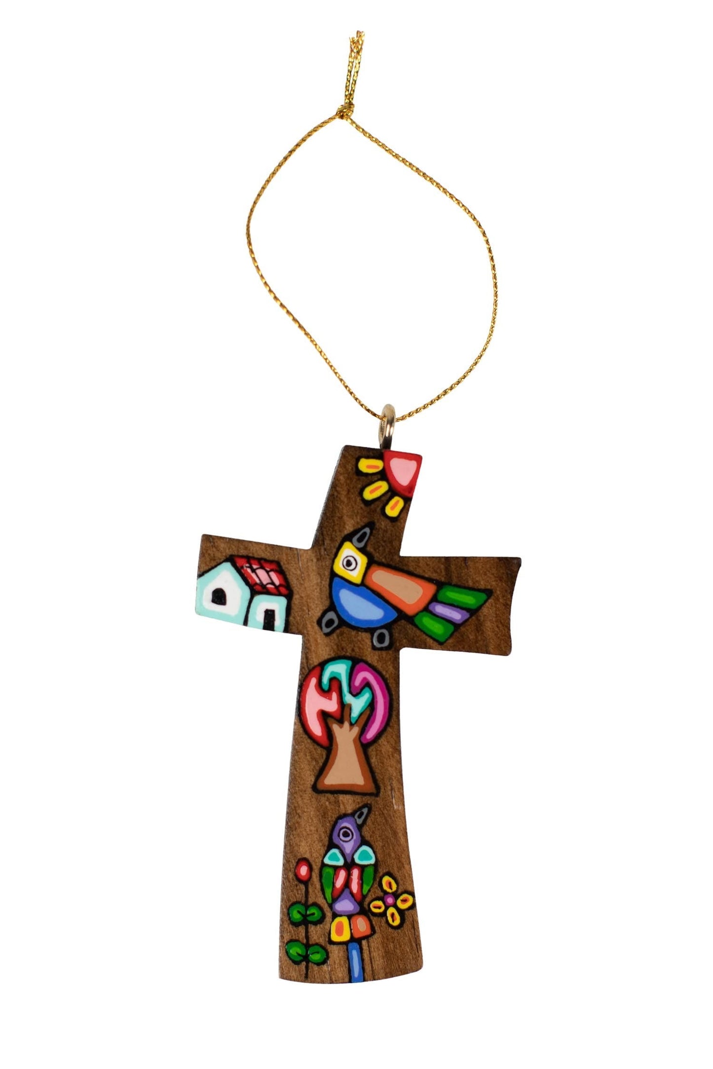 Ornament cross M/3 birds/tree wood 3.5H brn/multi