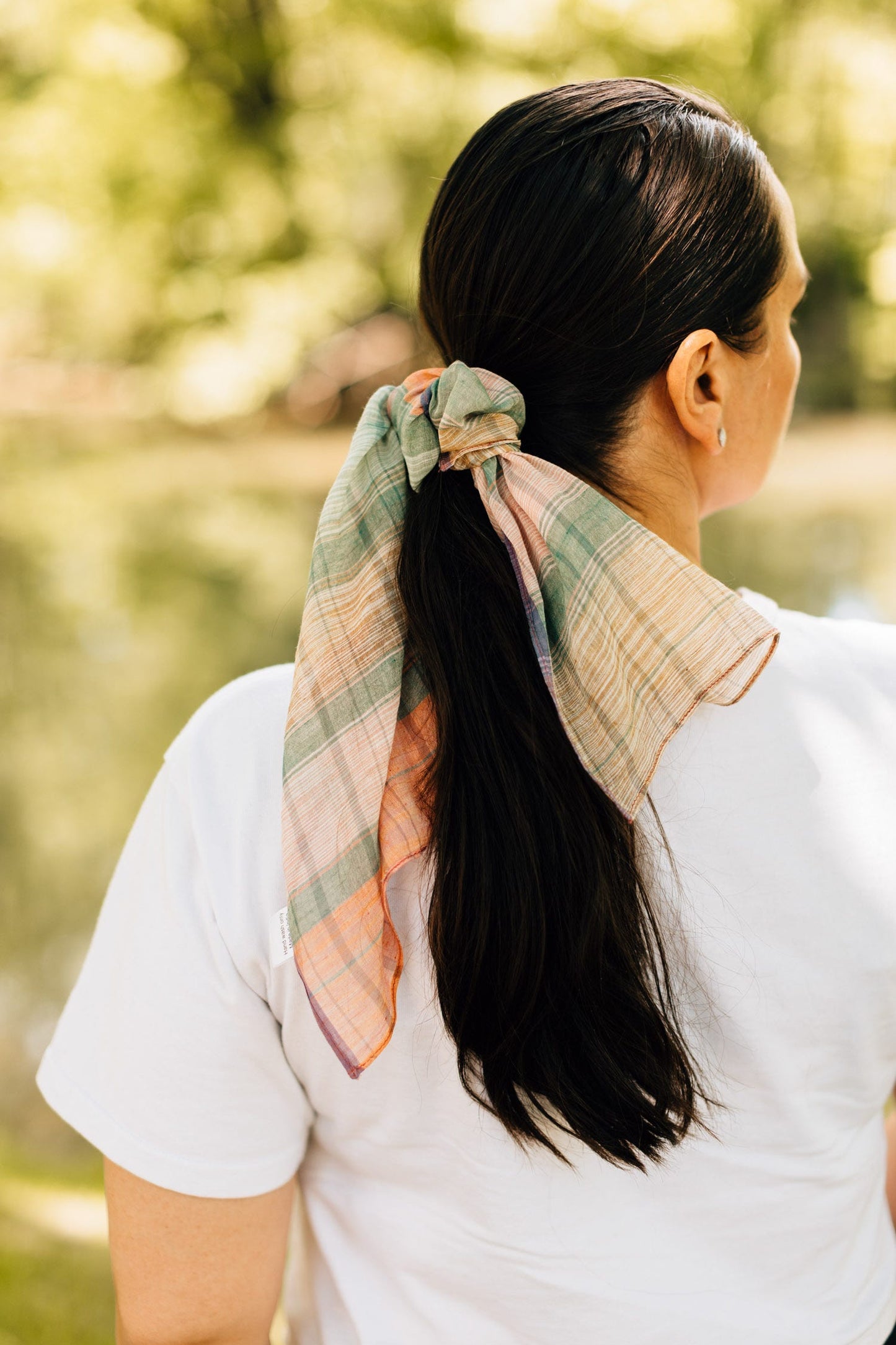 Scarf bandana plaid cotton 22x23 peach/green/tan