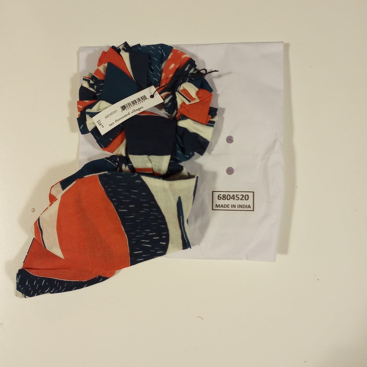 Hair scrunchie w/tie autumn lfs cttn blu/rust/wht