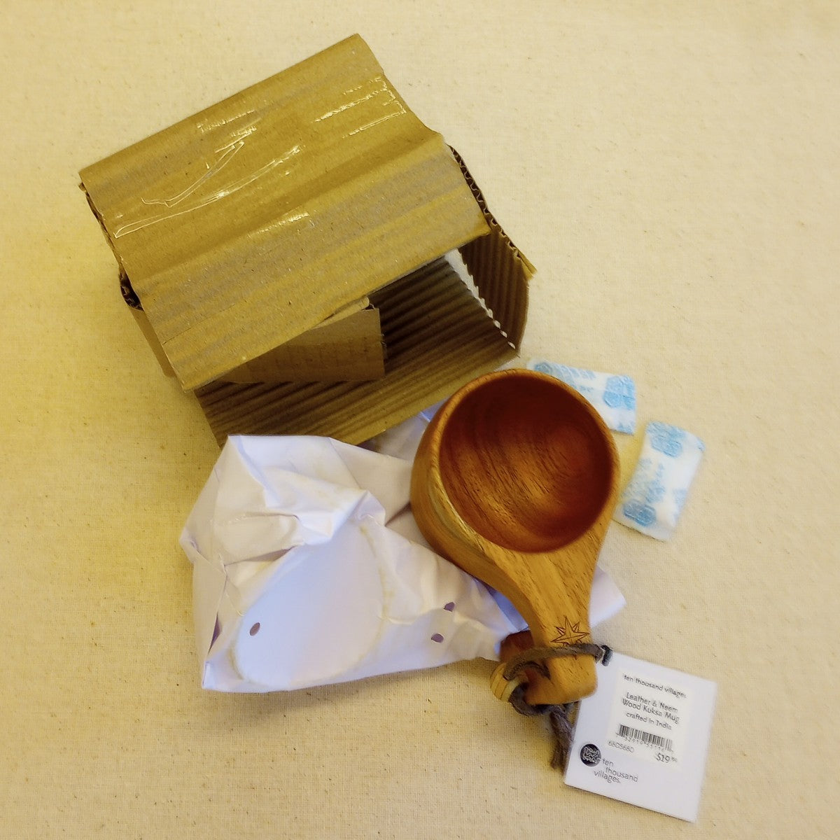 Mug kuksa w/strap neem wood/leather 3Dx2.5H nat
