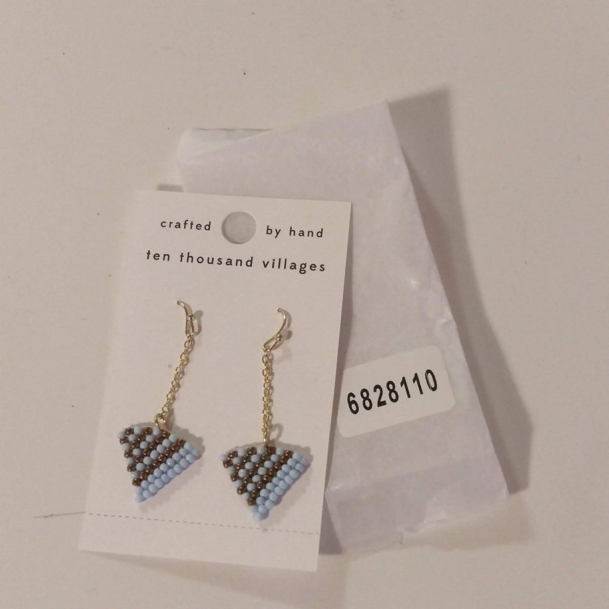 Earring drop art deco trngl glass/mtl 2L blu/gld