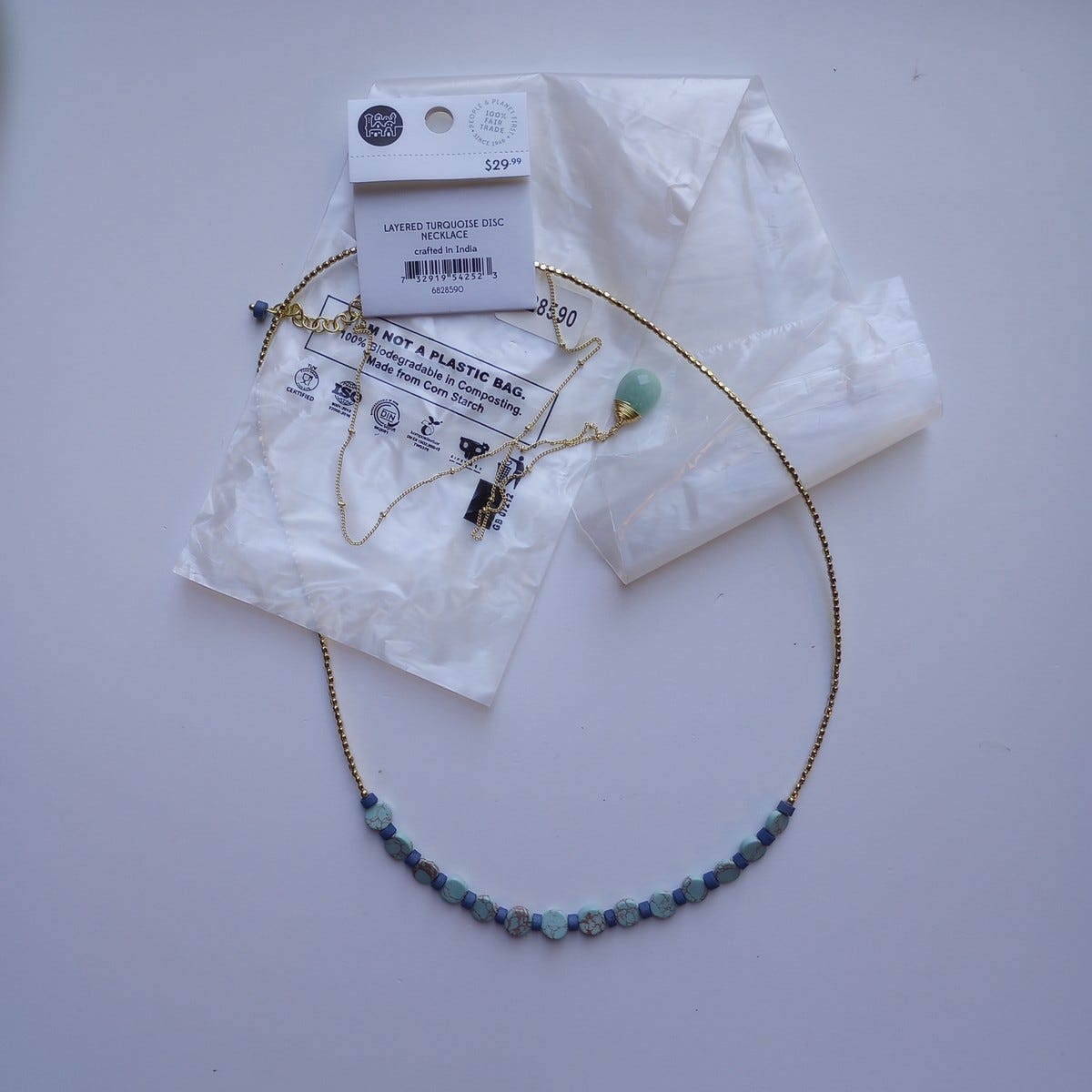 Necklace 2 layers disc/beads 17L turq/gold