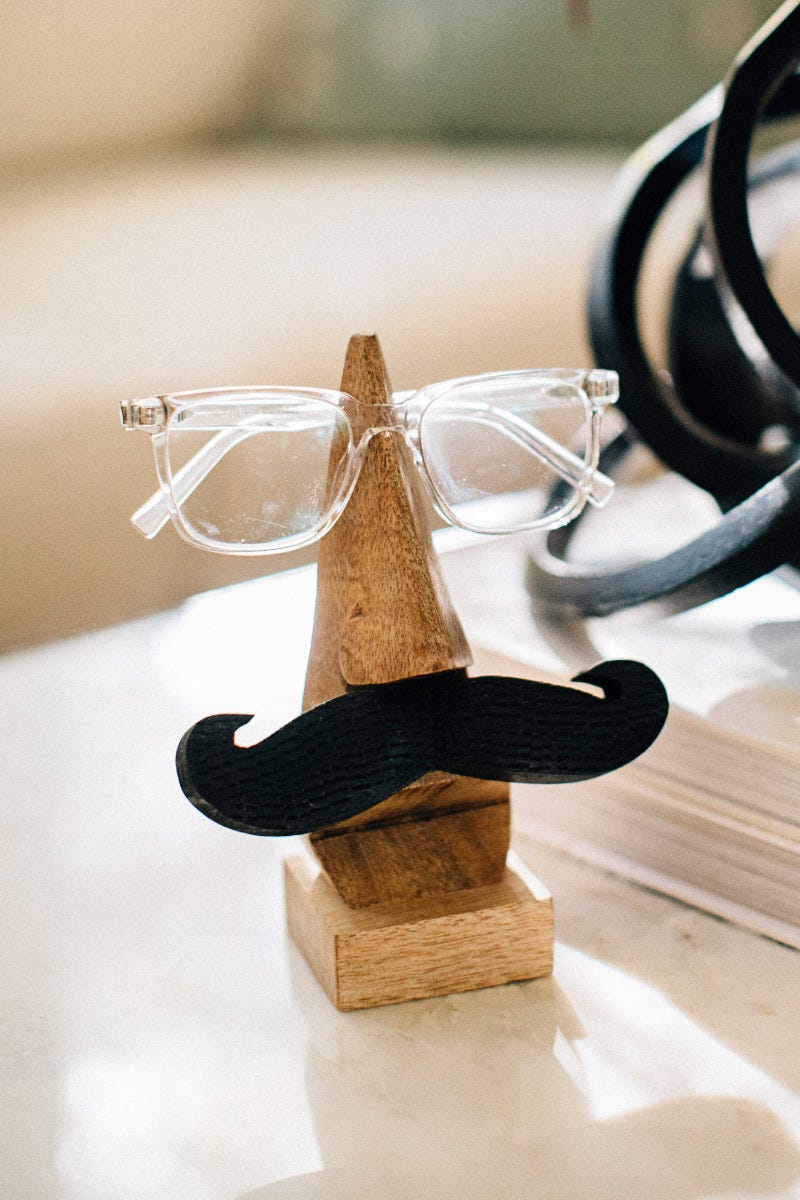 Eye glass holder mustache wood 5.5W/7H brown/black