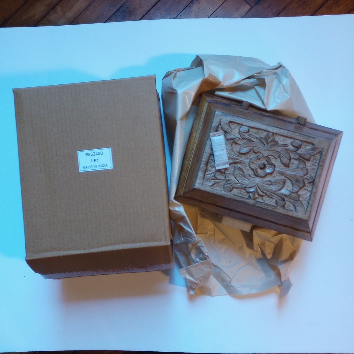 Box jewelry w/blkprnt flrl mango wd 9Lx7Wx6H brn