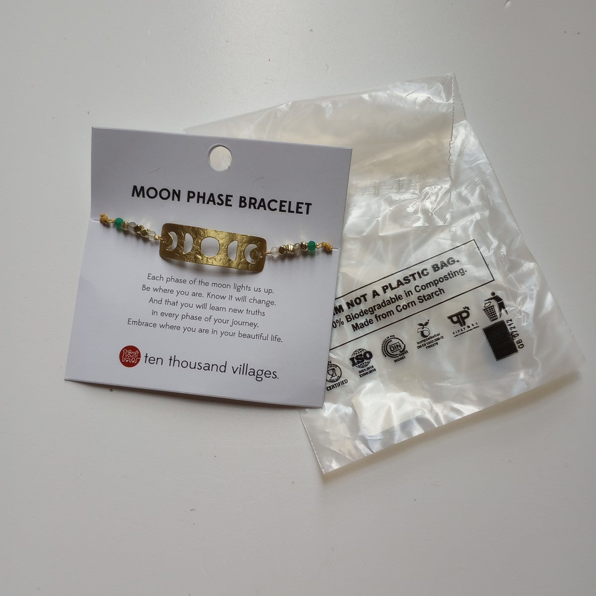 Bracelet moon phases w/card brass/cotton gld/grn