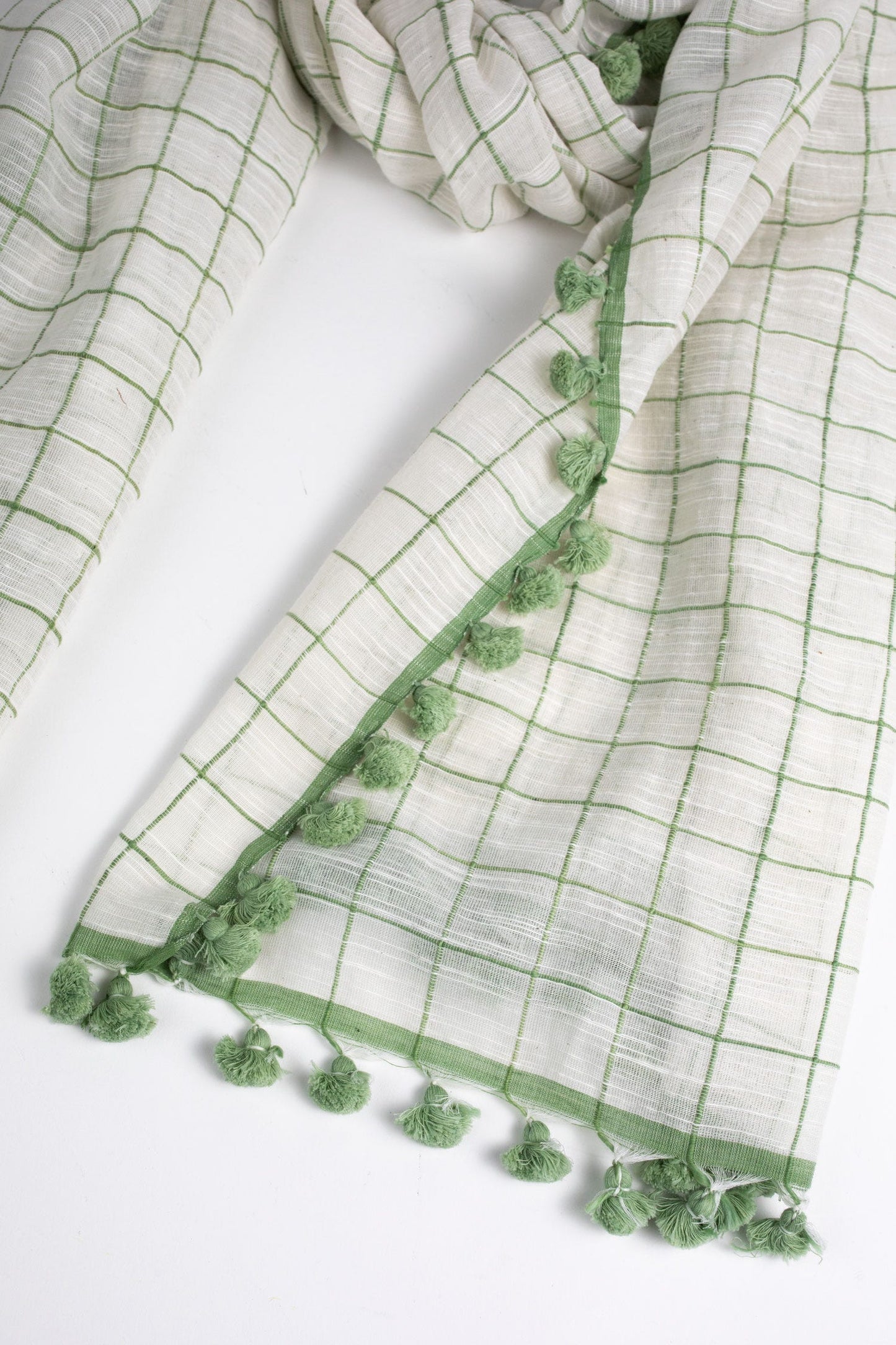 Scarf pom pom/crosshatch cotton 70x30 crm/grn