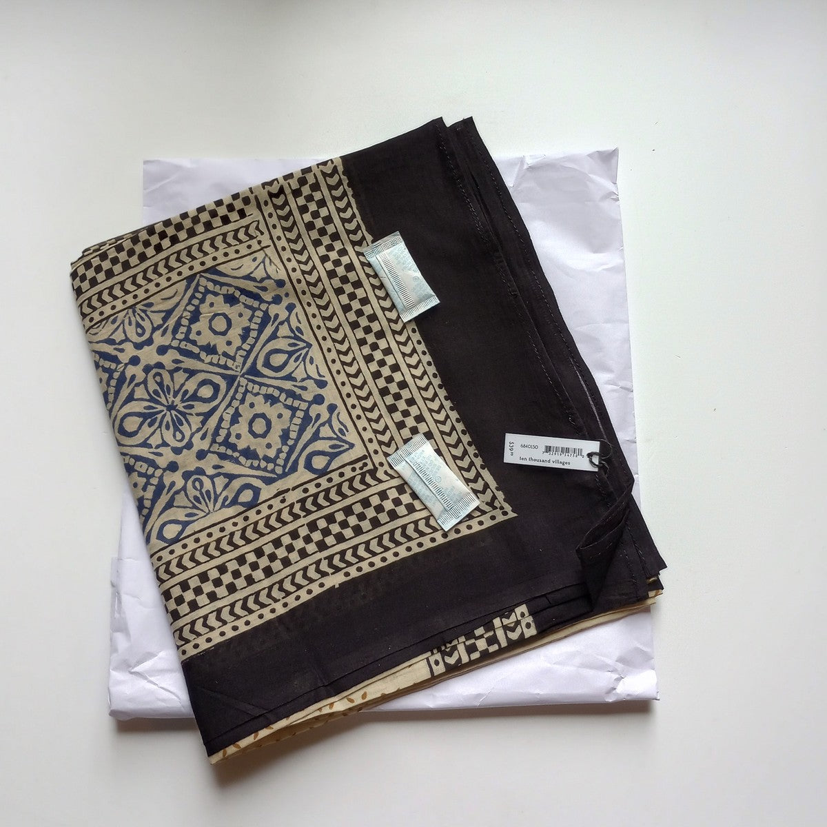 Sarong strip/geo blockprint cotton 76x44 blue/blk