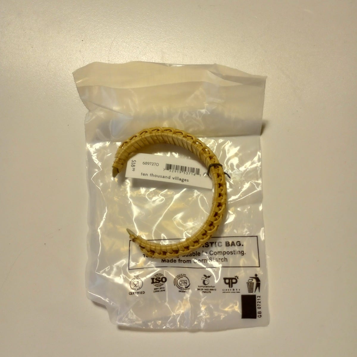 Bracelet cuff narrow braided cane/mtl .5W tan/gold