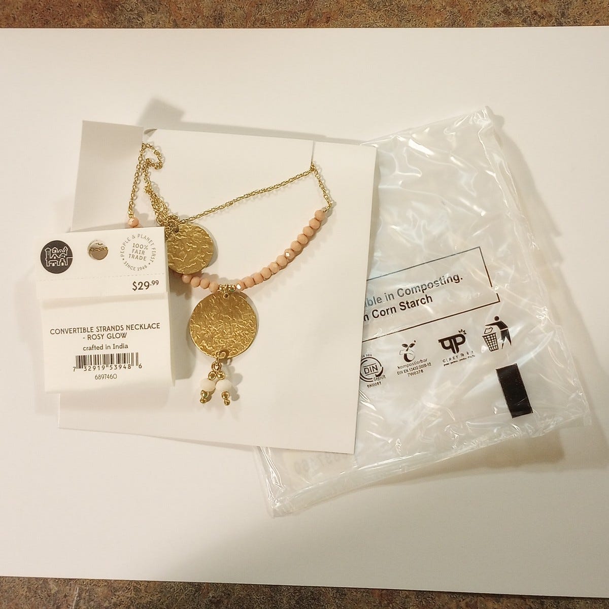 Necklace convertible discs br/glass 17L gold/pink