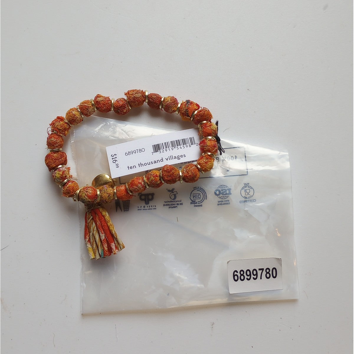 Bracelet beaded w/tassel sari/brss 2.5D orng/brss