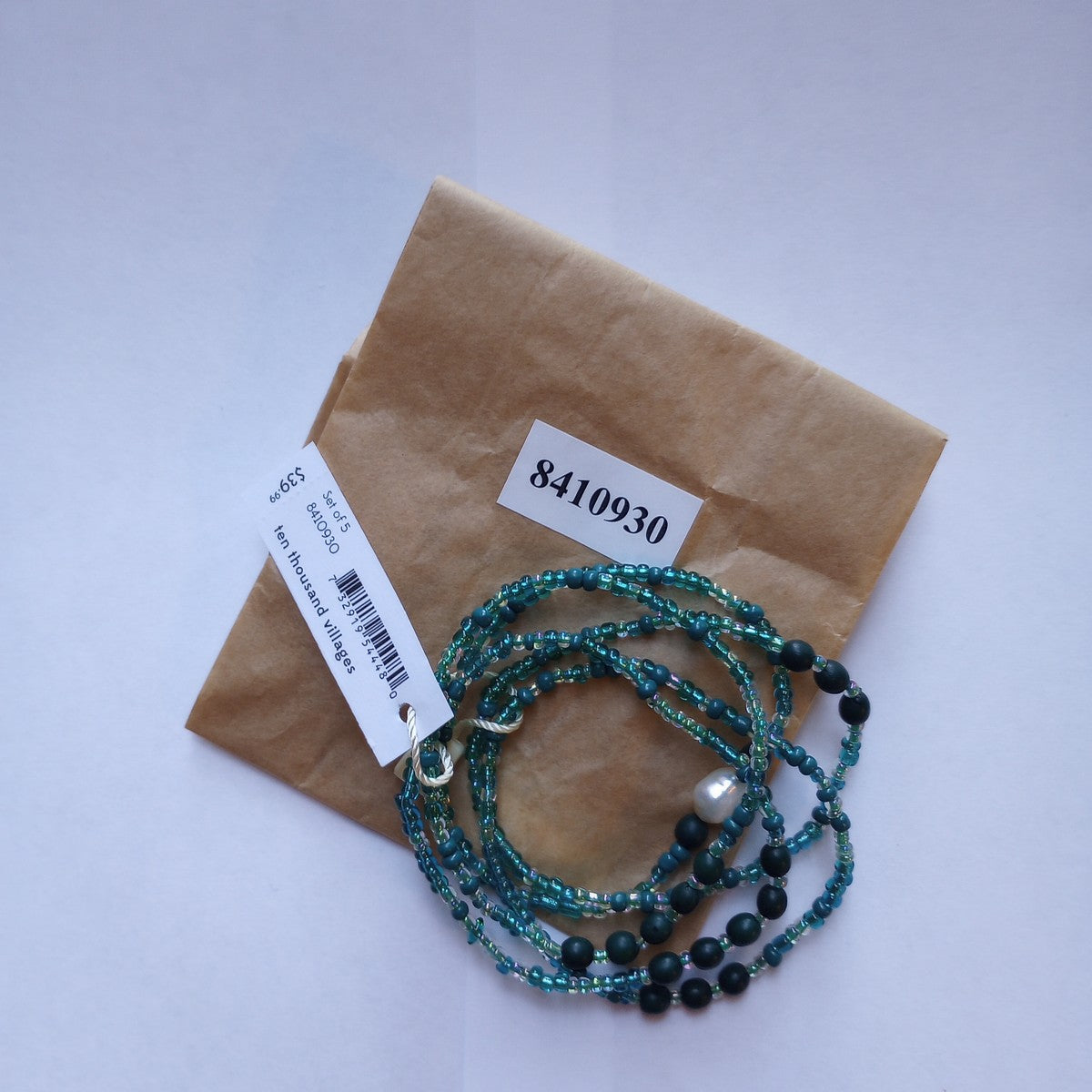 Bracelet stretchy S/5 bead/seed/pearl grn/teal/wht