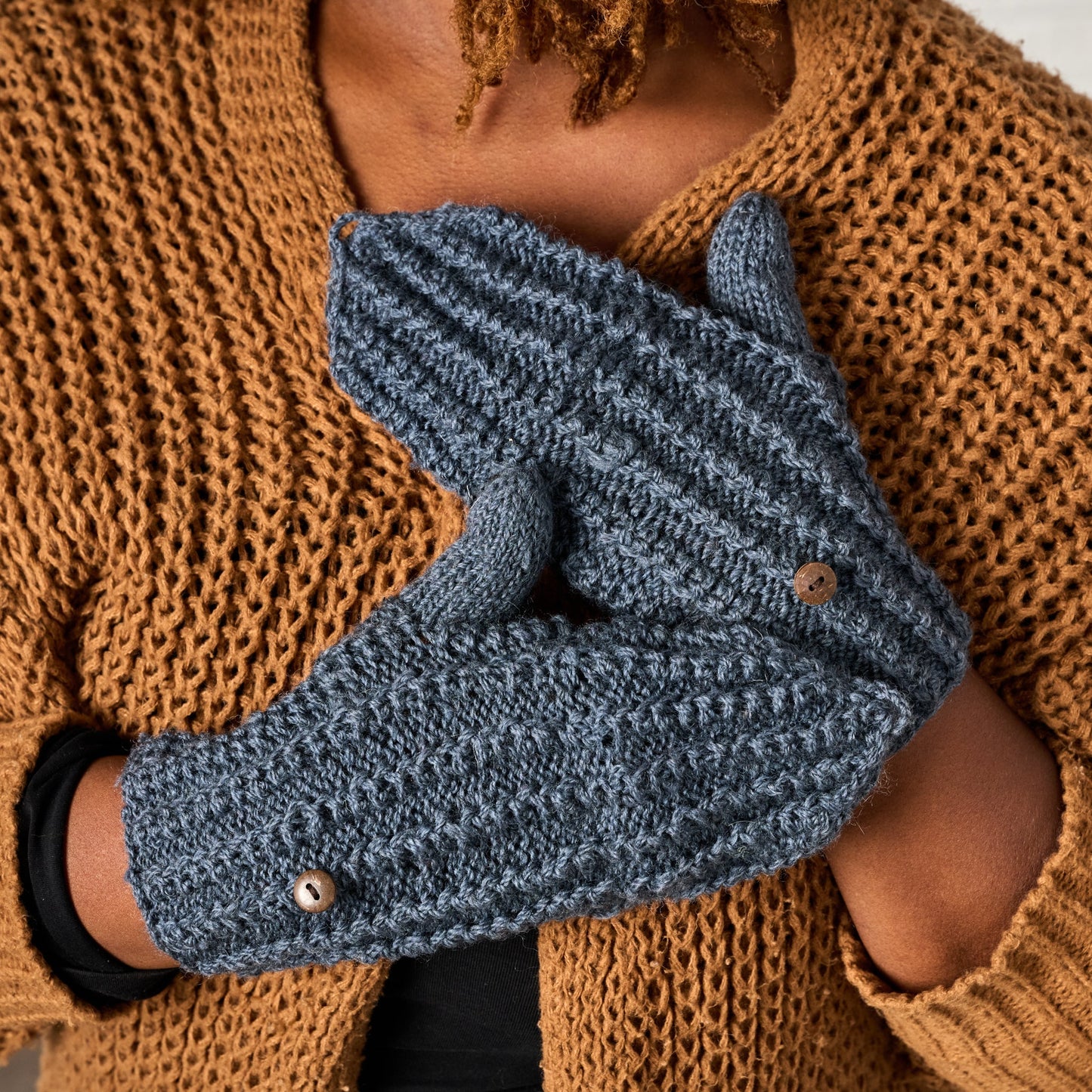 Mittens flip top ribbed wool 9.5L grayish blue