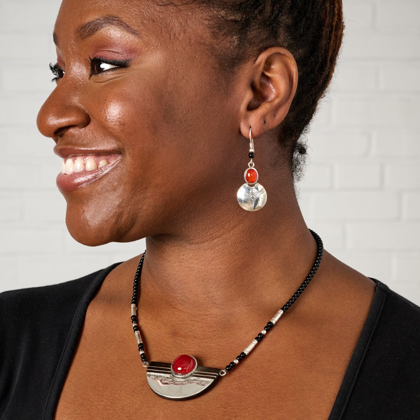 Necklace Tuareg silv/agate/ebony 20L blk/rd/silv