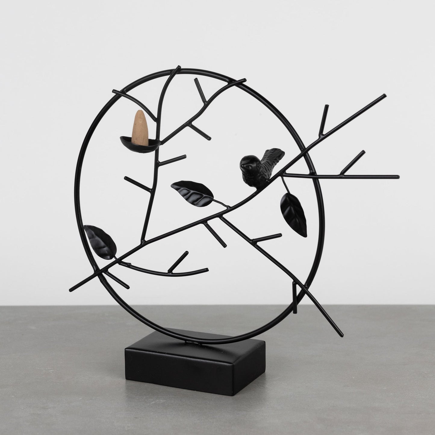 Incense holder rnd bird/branch iron 9.25Dx10H blk
