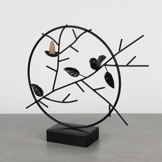 Incense holder rnd bird/branch iron 9.25Dx10H blk