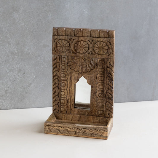 Mirror w/shelf single mango wood 6.5Wx10H nat