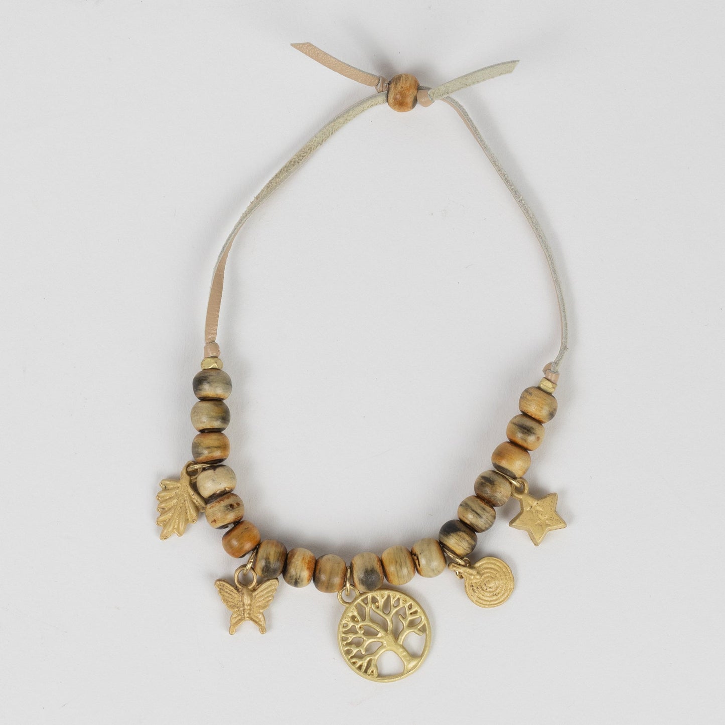 Bracelet beaded charm horn/lthr/brass adj nat/br