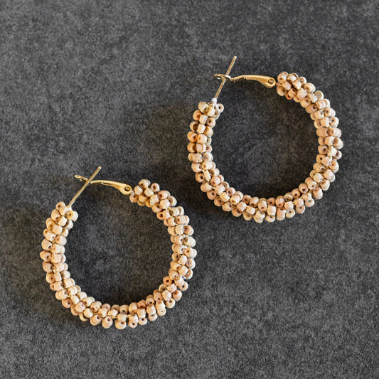 Earrings hoop w/micro bead wood/brass 1.5D br/brn