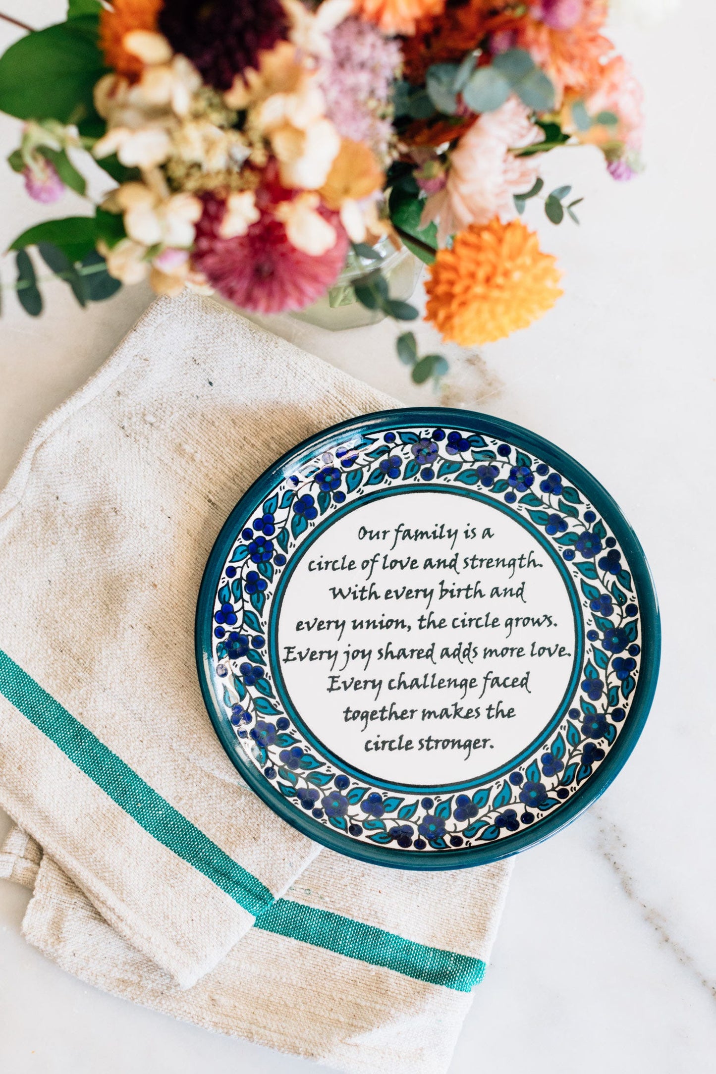 Plate family poem ceramic 10D green/navy/white