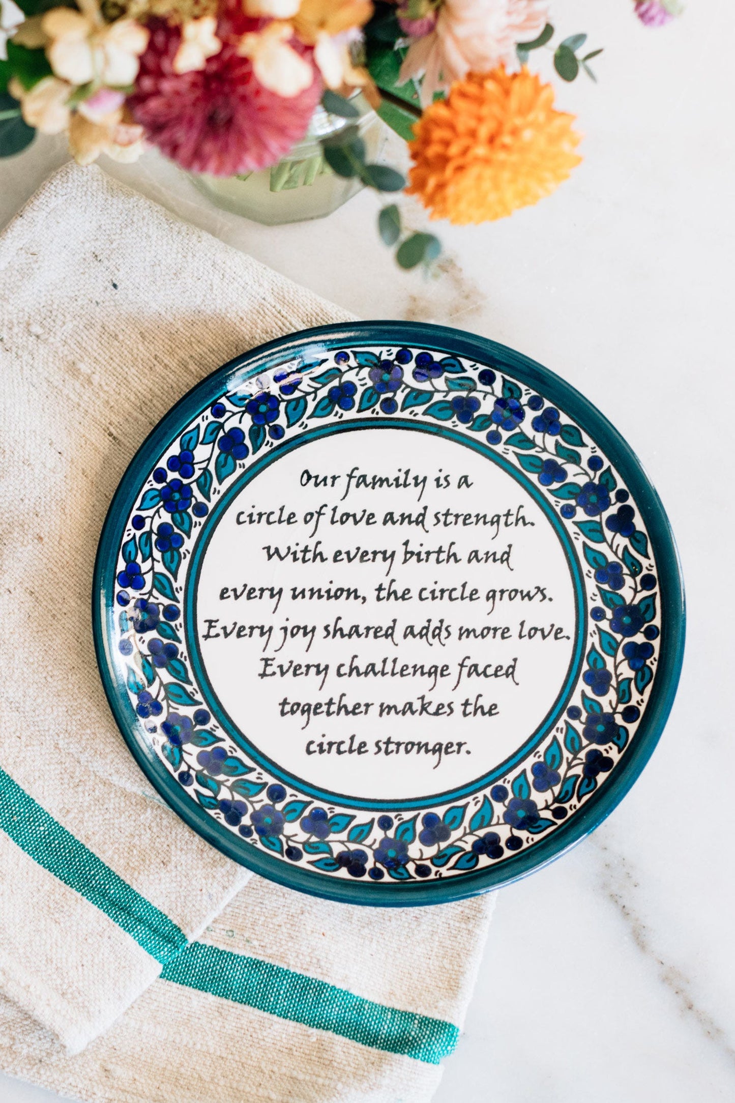 Plate family poem ceramic 10D green/navy/white