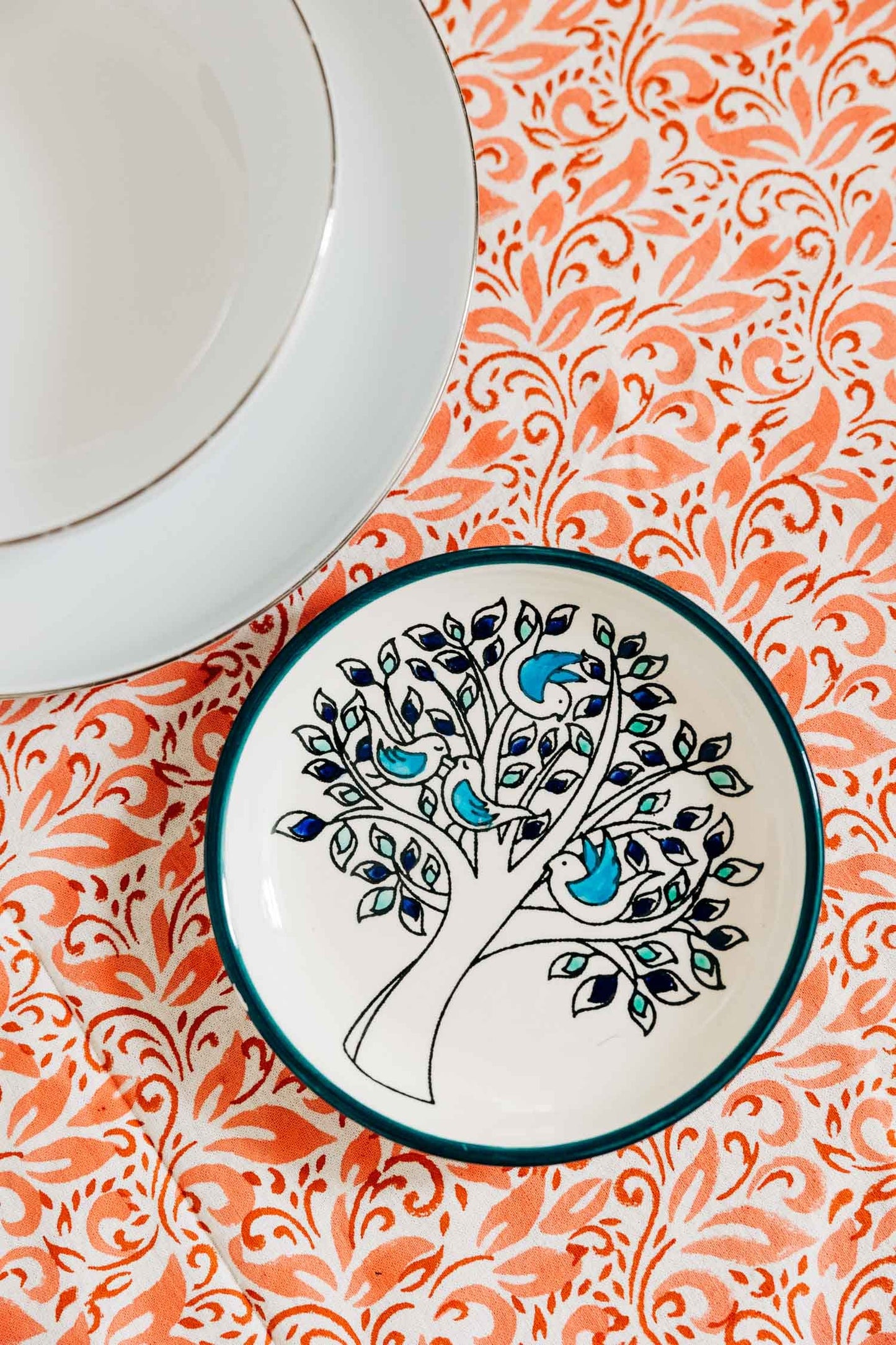 Dish olive tree w/birds M/2 cer 5Dx.75 crm/grn/blu