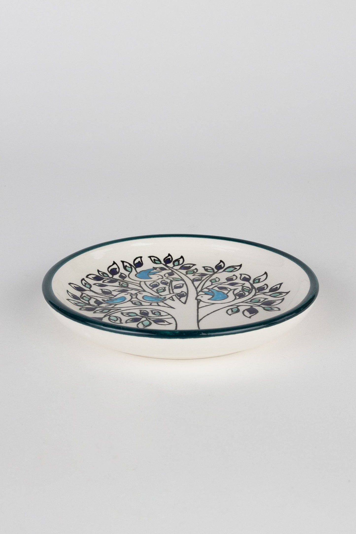 Dish olive tree w/birds M/2 cer 5Dx.75 crm/grn/blu
