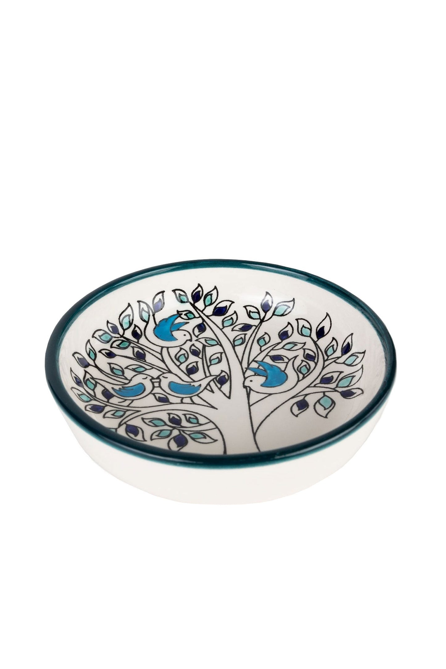 Bowl olive tree w/birds cer 6Dx1.5H crm/grn/blu