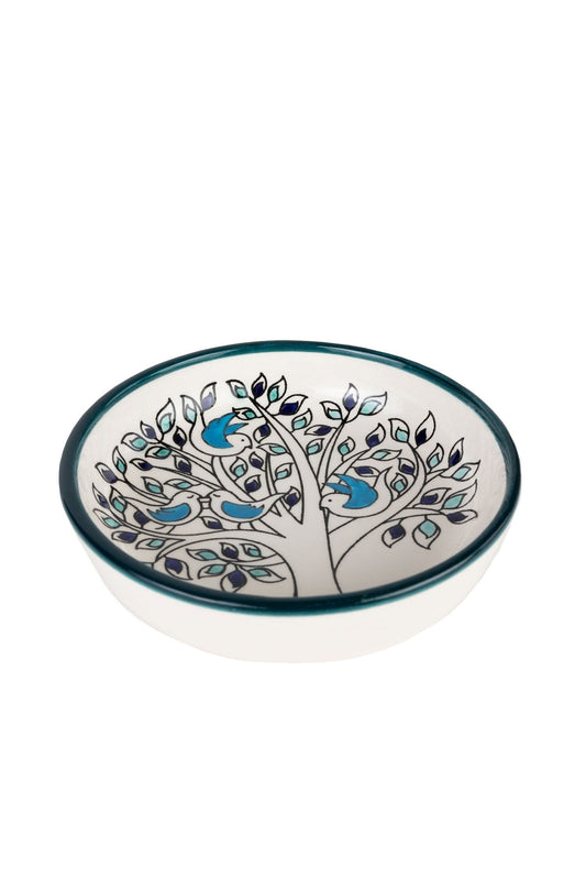 Bowl olive tree w/birds cer 6Dx1.5H crm/grn/blu
