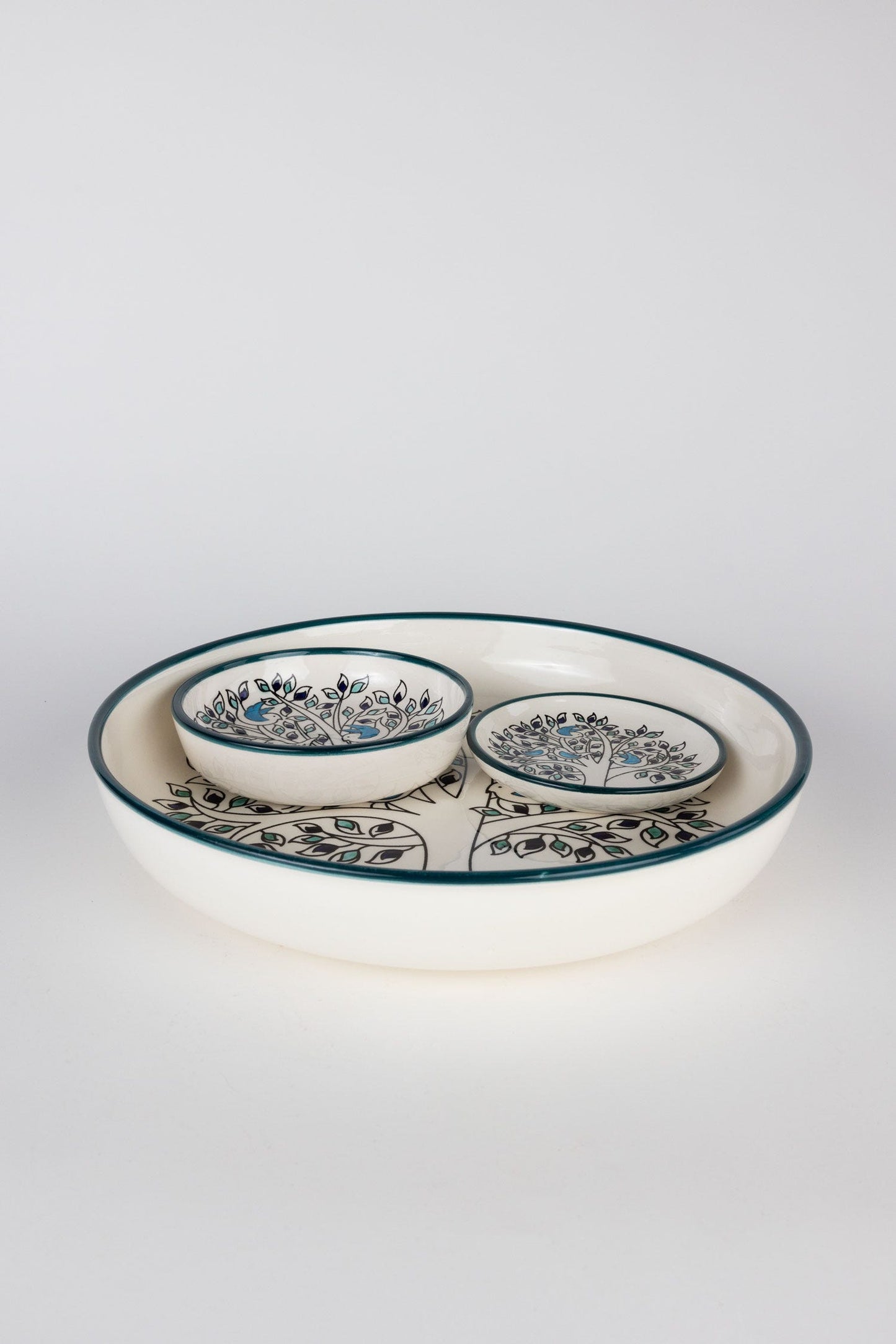 Bowl olive tree w/birds cer 6Dx1.5H crm/grn/blu