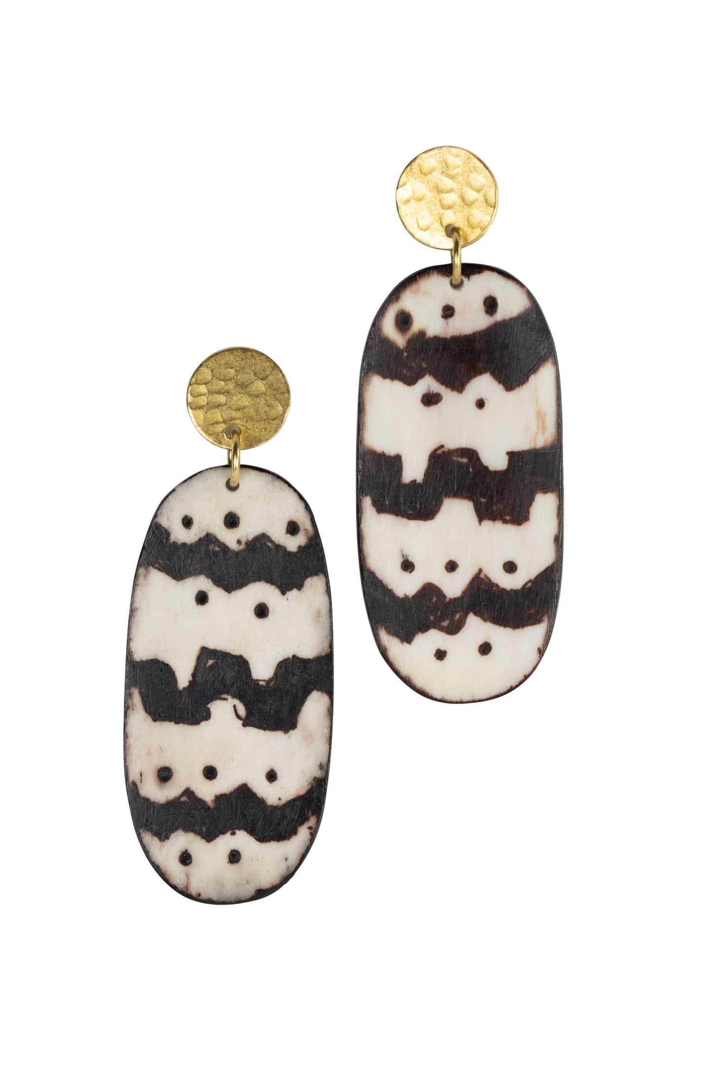 Earrings post geo oval bone/metal 2.5L brn/crm/br