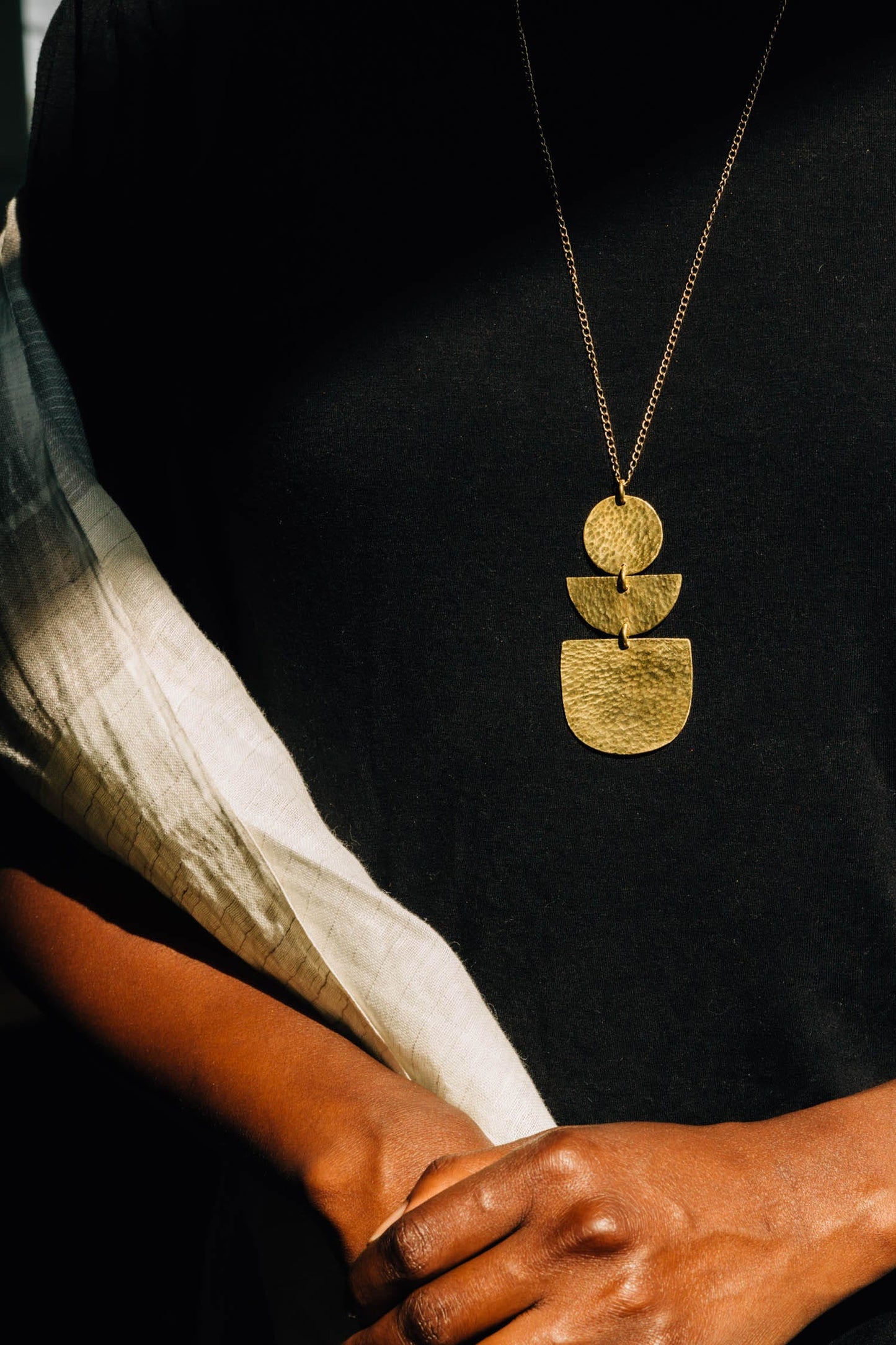 Necklace 3 stacked hammered shapes brass 24L brass