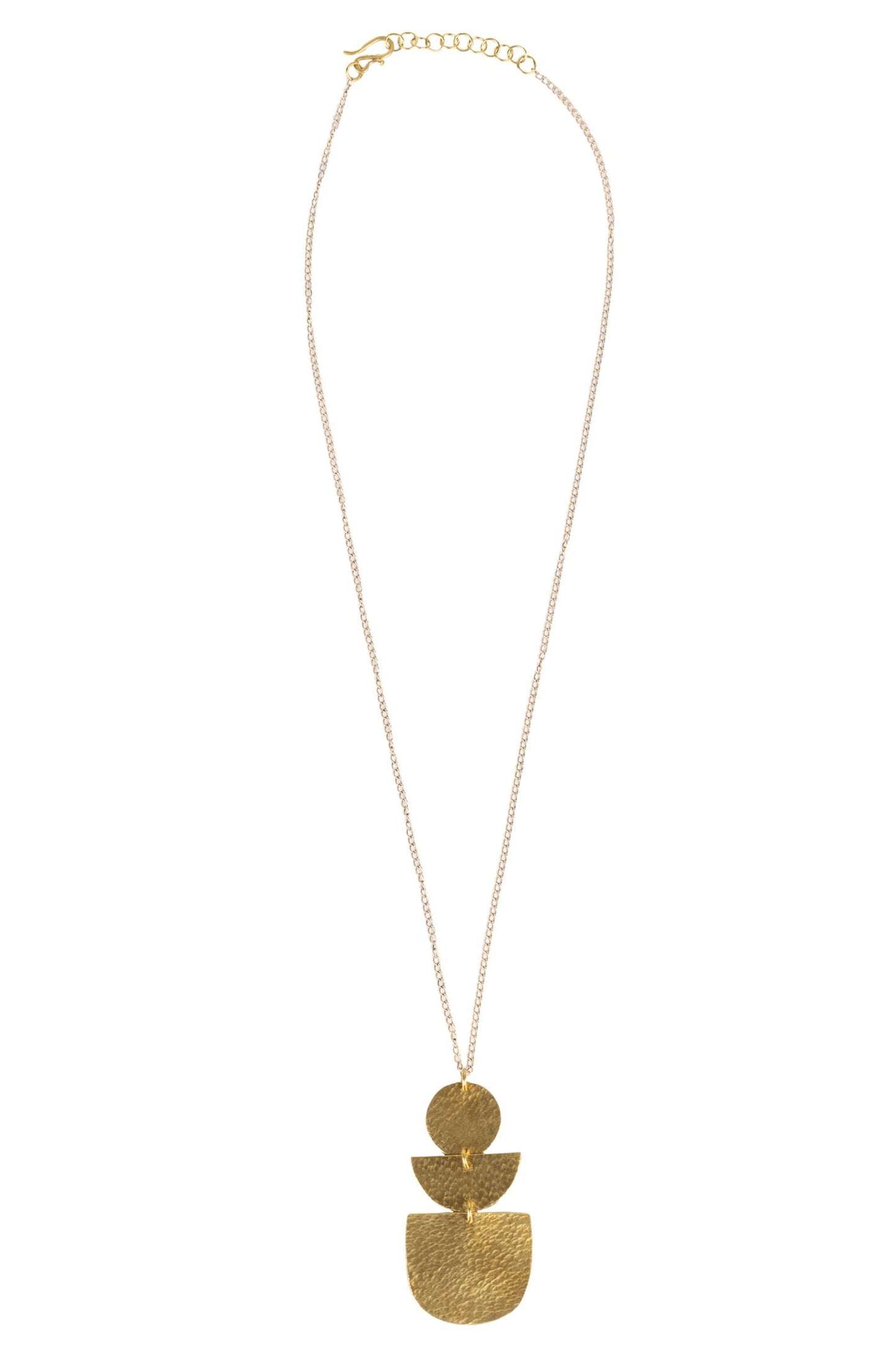 Necklace 3 stacked hammered shapes brass 24L brass
