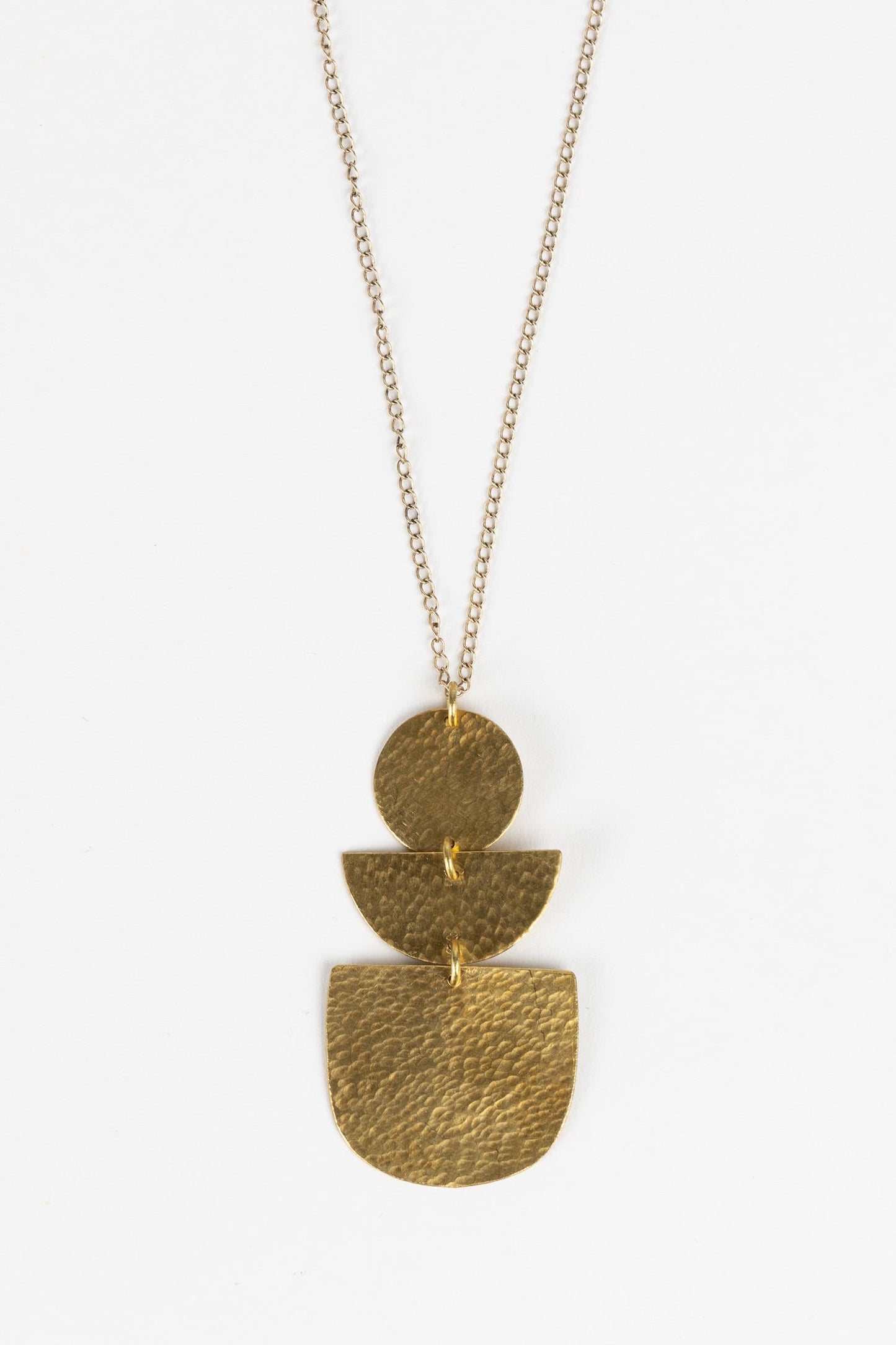 Necklace 3 stacked hammered shapes brass 24L brass