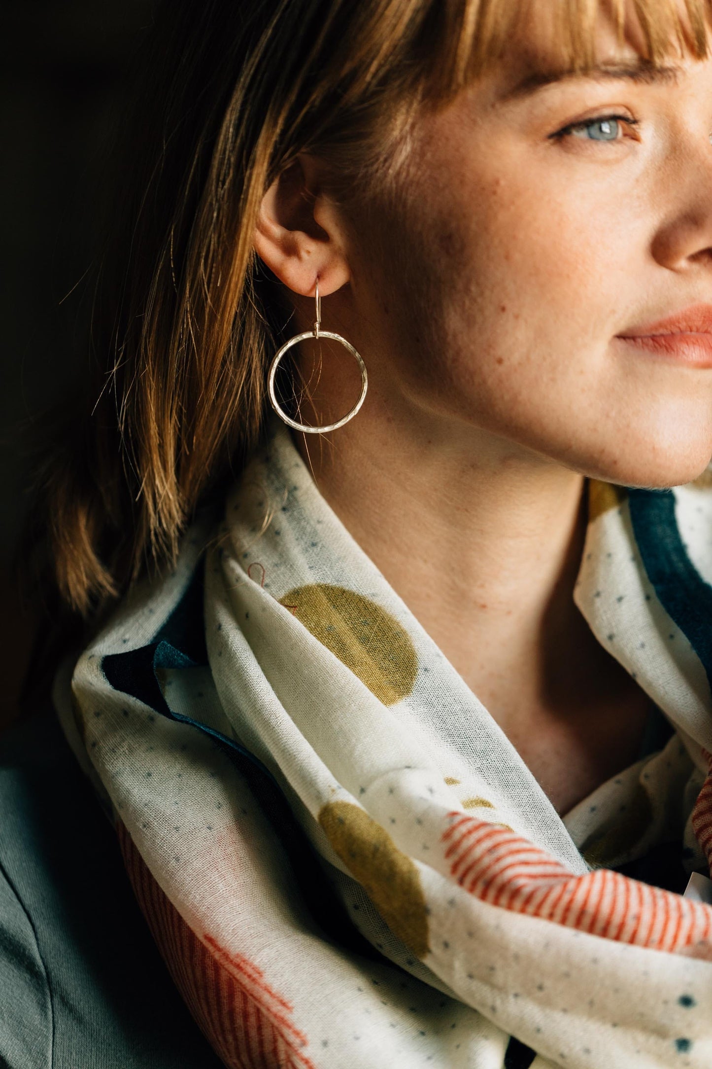 Earrings single hoop hammered metal 1.25D silver