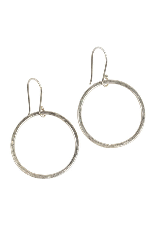 Earrings single hoop hammered metal 1.25D silver