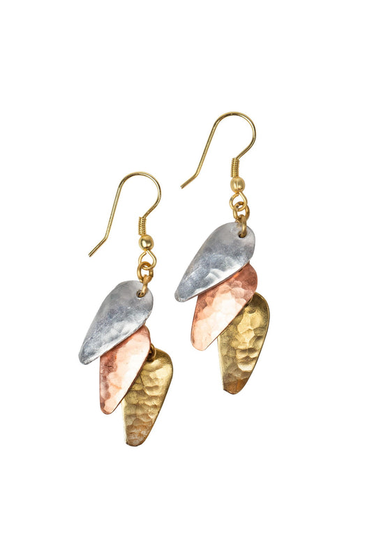 Earrings 3 layered tabs mtl 2L silver/coppe/brass