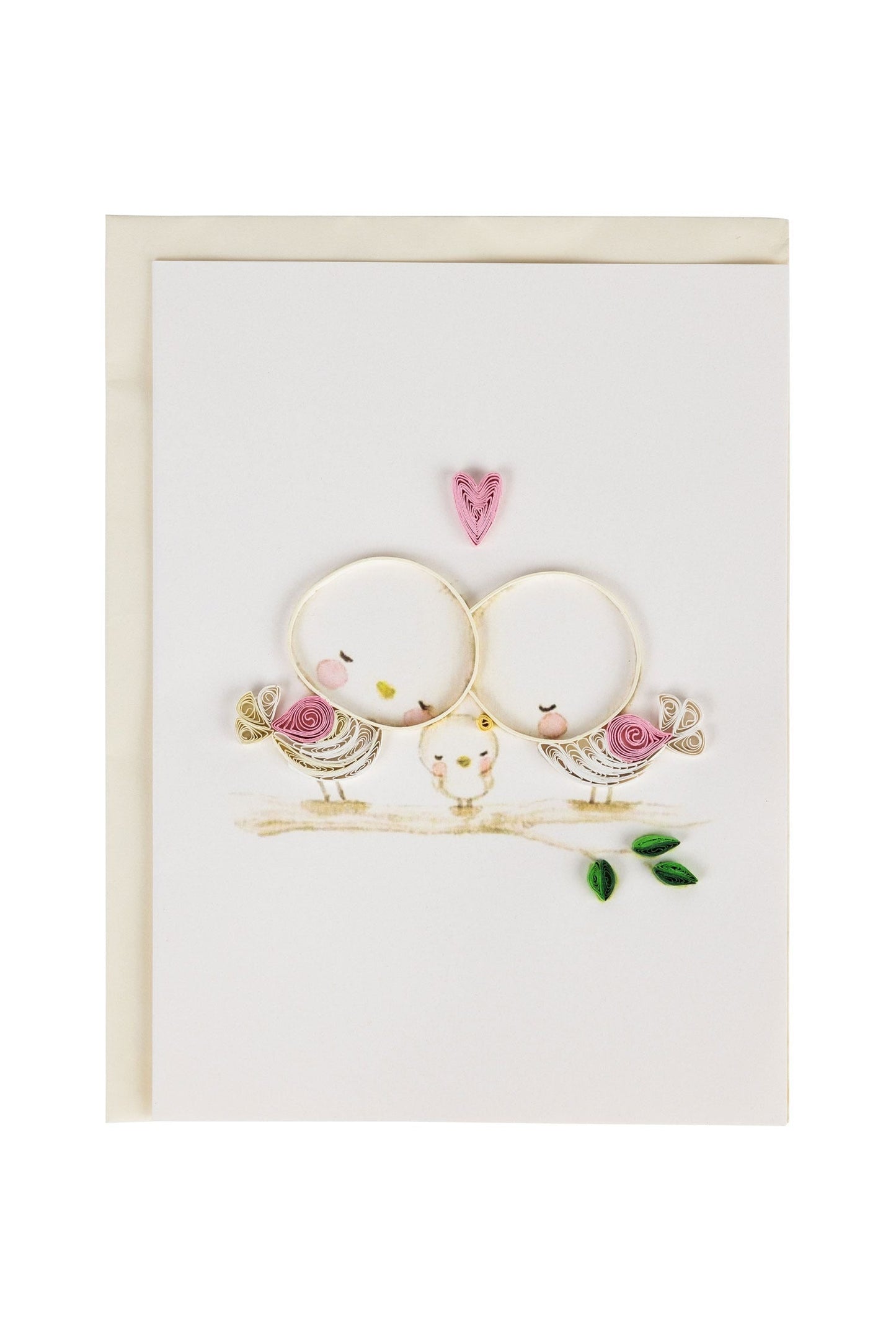 Card quilled bird family M/3 5x7 crm/pink/grn