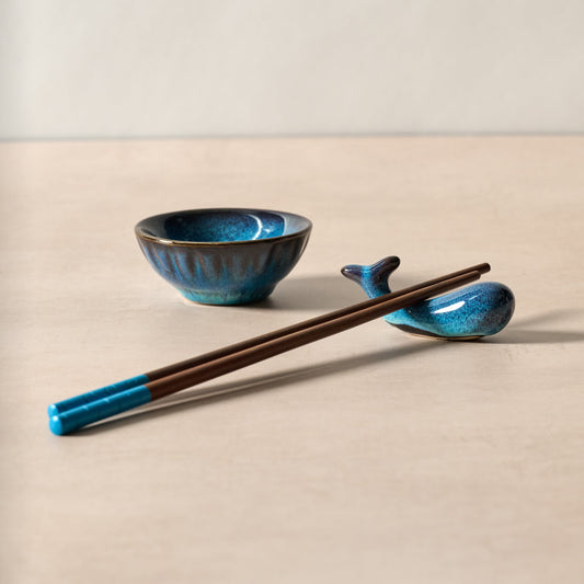 Chopstick set w/rest/bowl whale cer/wd 9.5L/3D blu