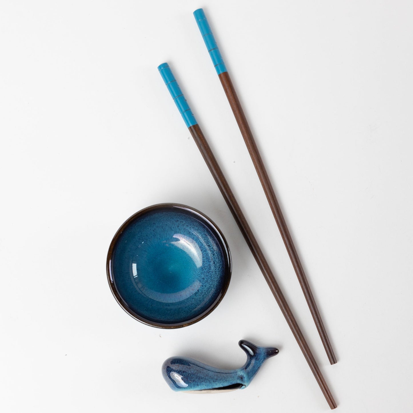 Chopstick set w/rest/bowl whale cer/wd 9.5L/3D blu