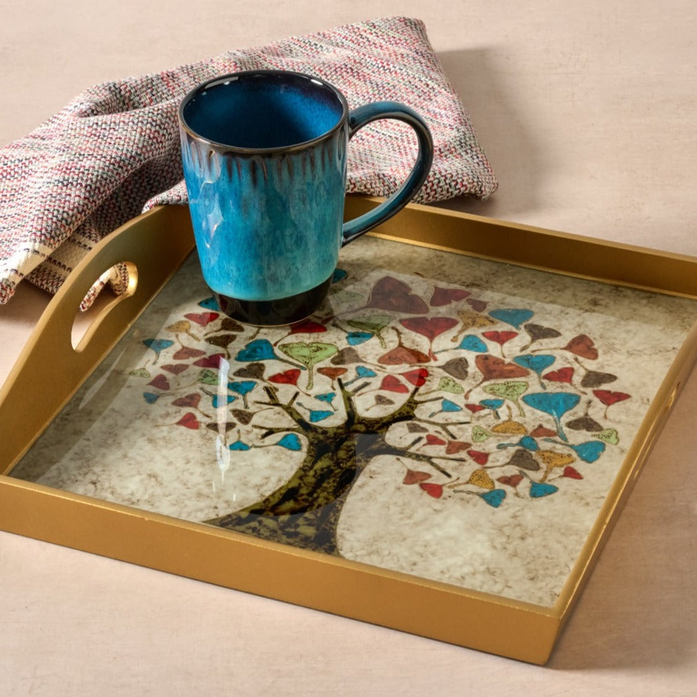 Tray tree reverse painted glass 12.5sq gld/multi