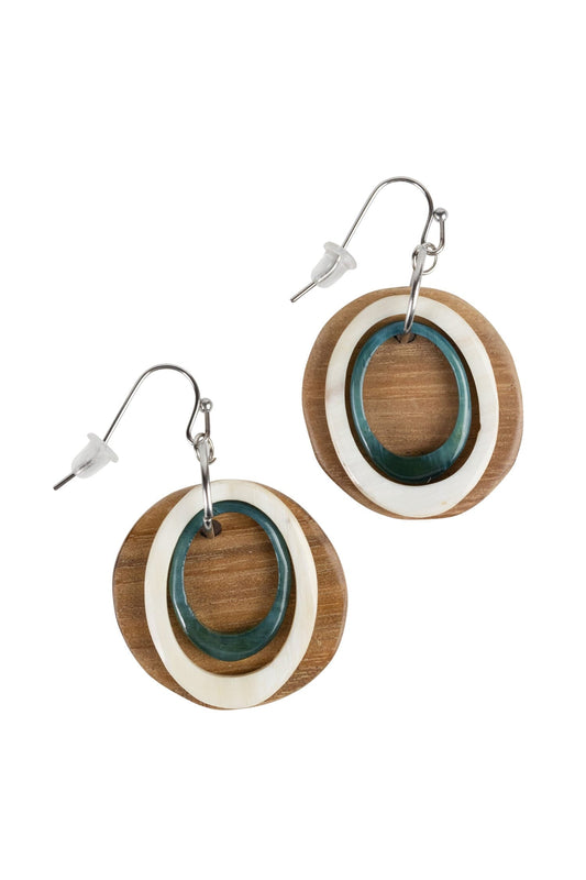 Earrings ternary 3 layers wd/horn 1.75L brns/teal