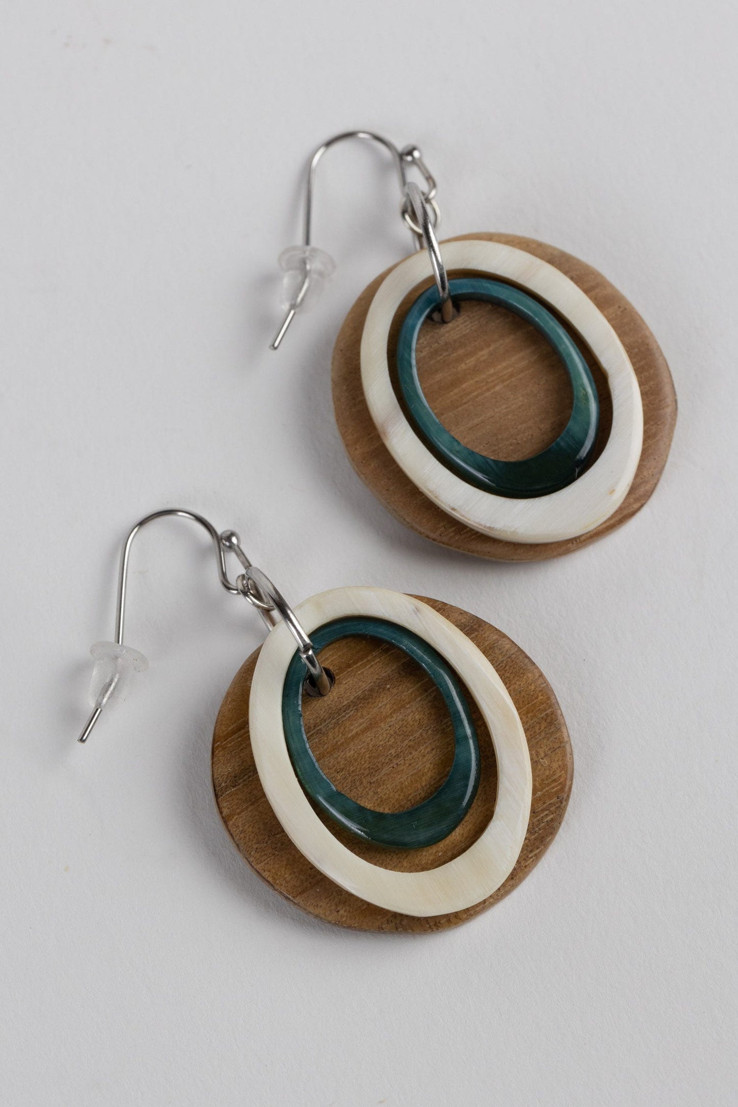 Earrings ternary 3 layers wd/horn 1.75L brns/teal