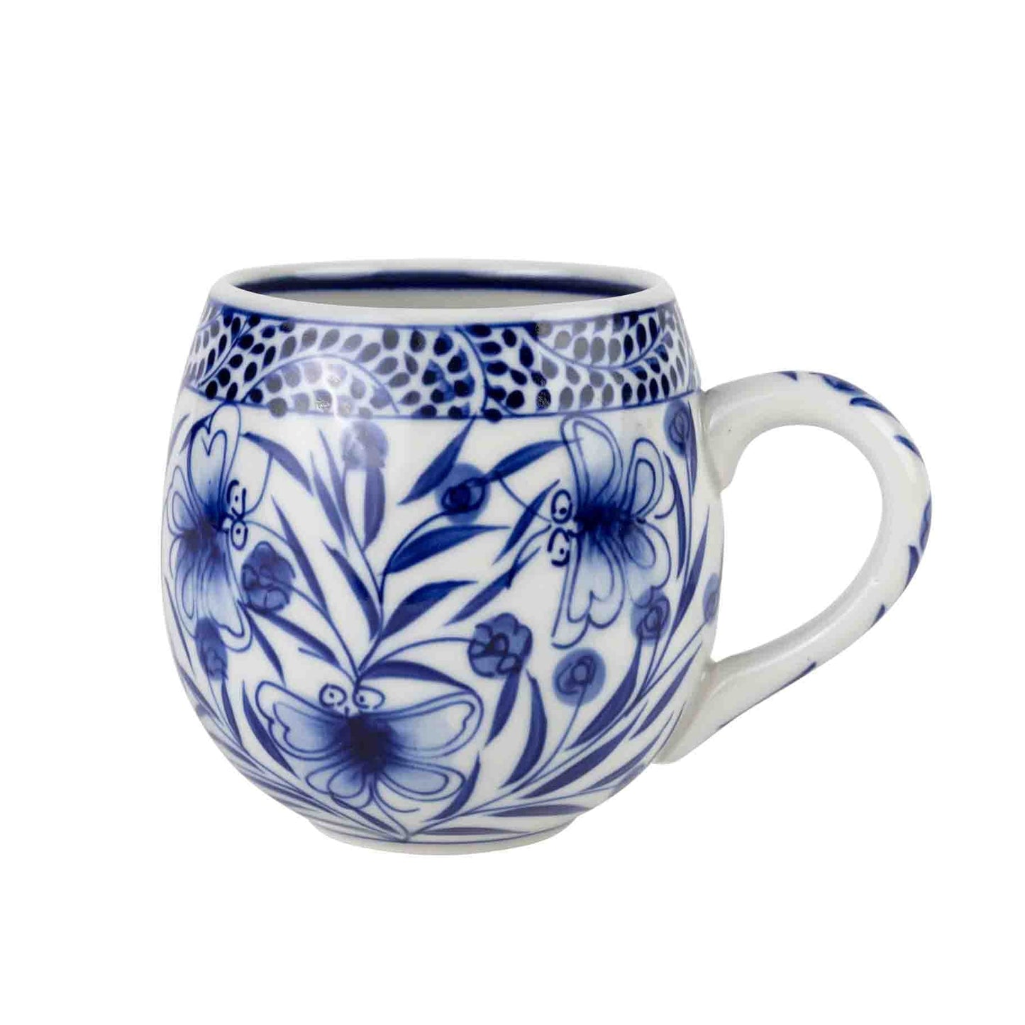 Mug bttrfly/flwr f/13 oz ceramic 4Dx4 blue/white